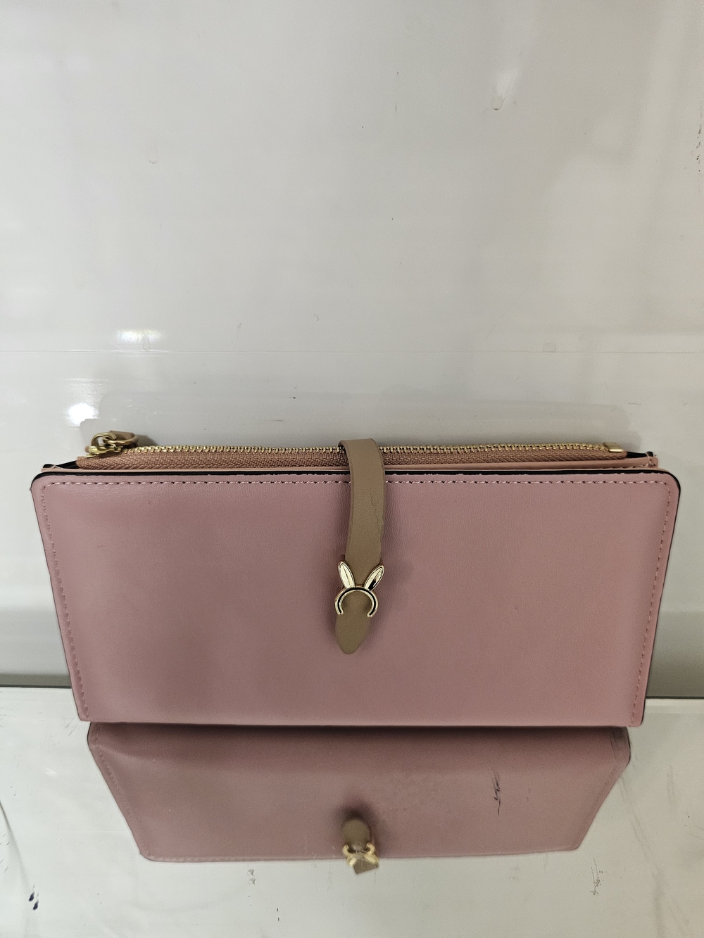 Women’s Pink Leatherette Zip Wallet with Tan Strap